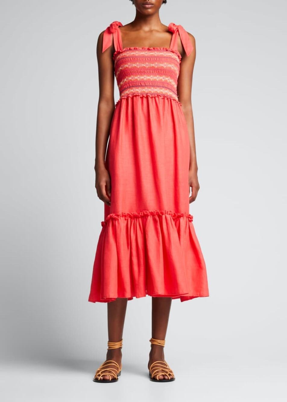 Cara Cara NYC Jenny Hibiscus Linen Smocked Tie Shoulder Midi Dress Size S